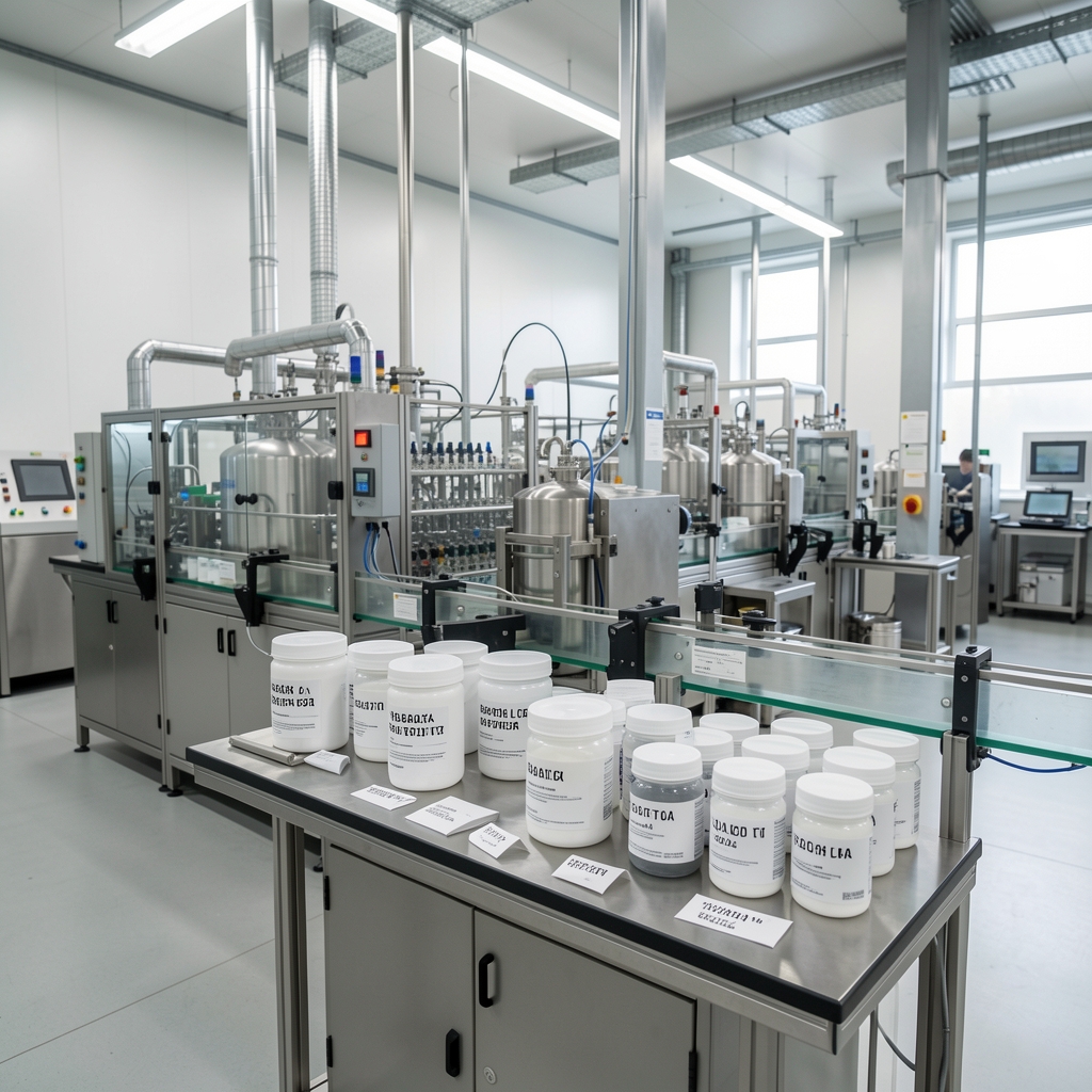 Supplement production facility interior showing a batch lot reference labelling station with coded containers awaiting quality review, photographed under controlled bright lighting