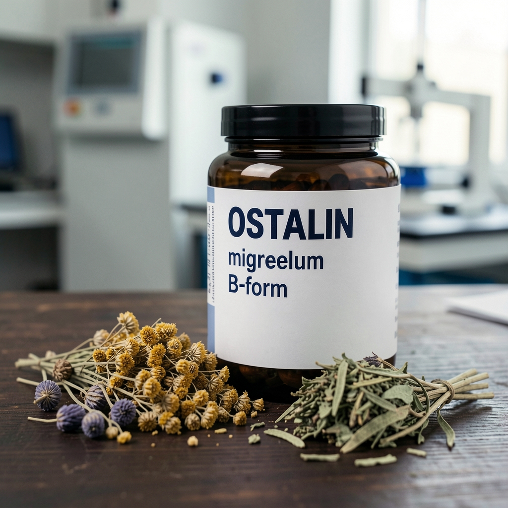 Dark glass jar containing Ostalin magnesium B-form nutritional supplement, placed beside dried botanical herbs on a dark wooden surface in a quality-control environment