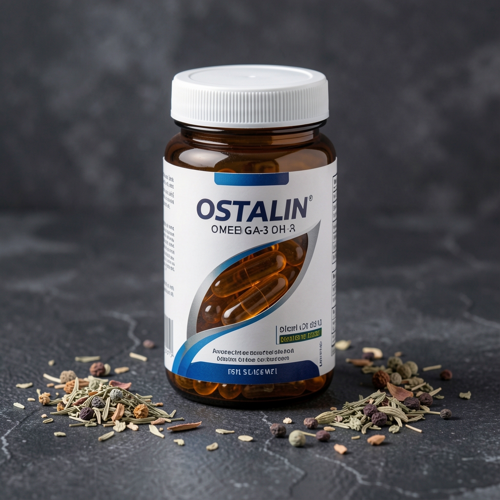 Ostalin omega-3 fish oil supplement container on a dark textured surface with scattered dried herbs, showing amber capsule shell through the label window in editorial product lighting