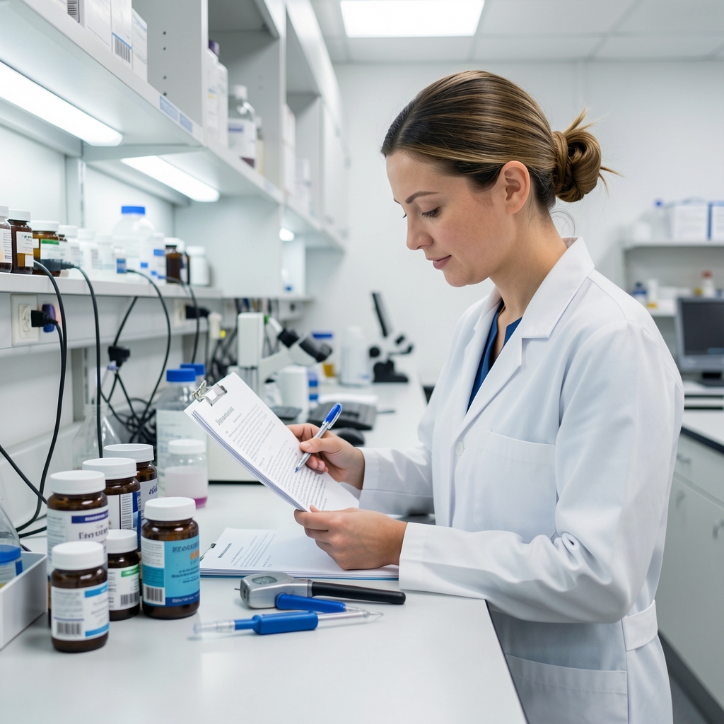 Female quality control specialist reviewing batch documentation at a laboratory bench with supplement containers and verification tools in a clean workspace under bright controlled lighting